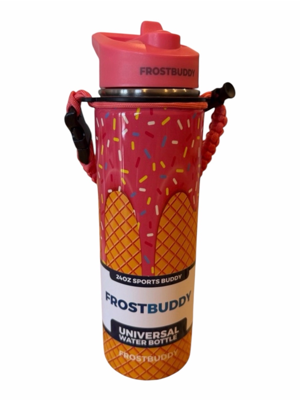 Frost Buddy Pink Ice Cream Cone Sport Water Bottle with Carry Strap